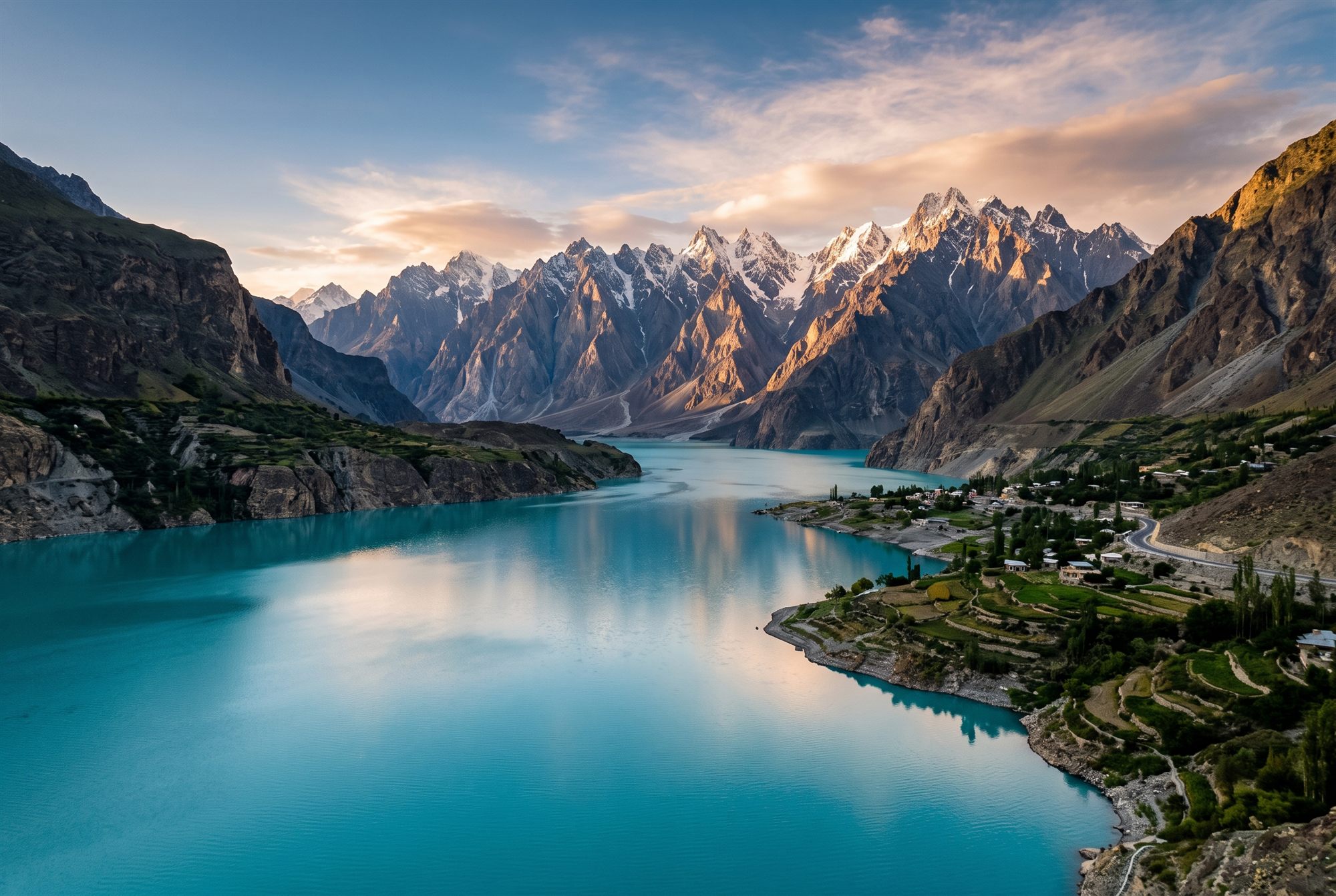 A turquoise glacial lake below the Karakoram, a terraced village along its far shore